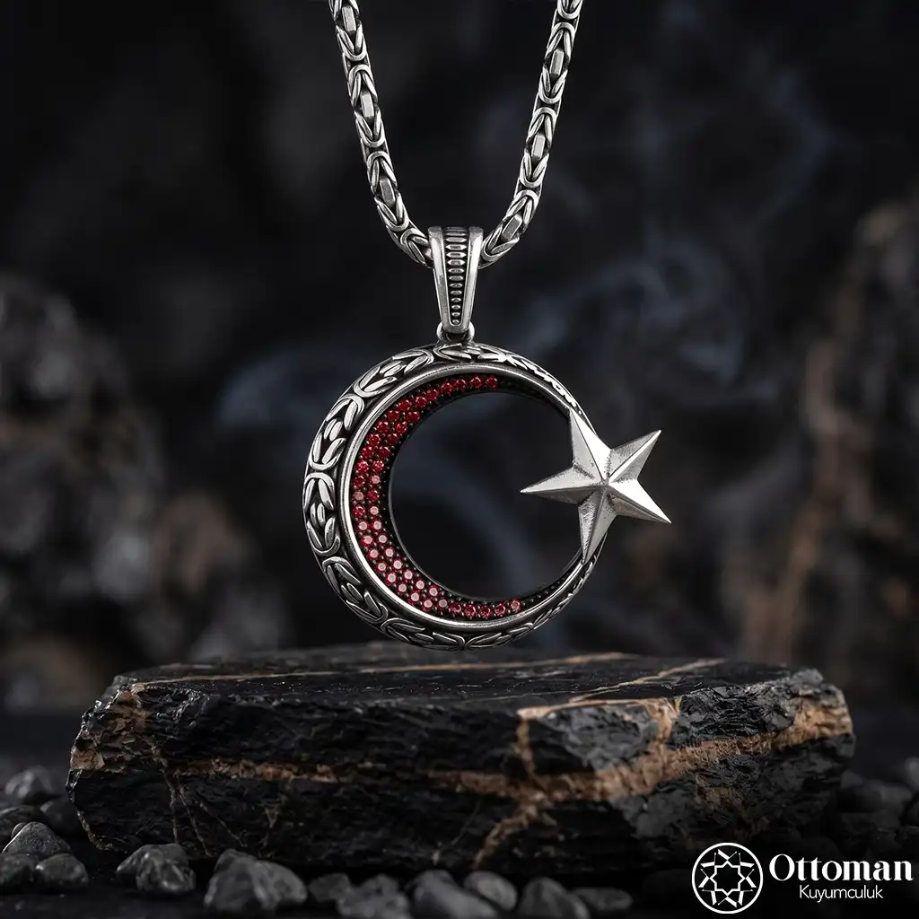 Star and Crescent Medallion Silver Men's Necklace