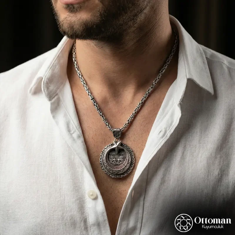 Ay Yıldız Model Gümüş Erkek Kolye