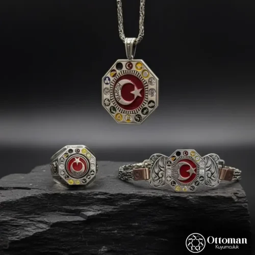 1 Kişiye Özel İsimli Üçlü Türk Devleti Gümüş Erkek Takı Set