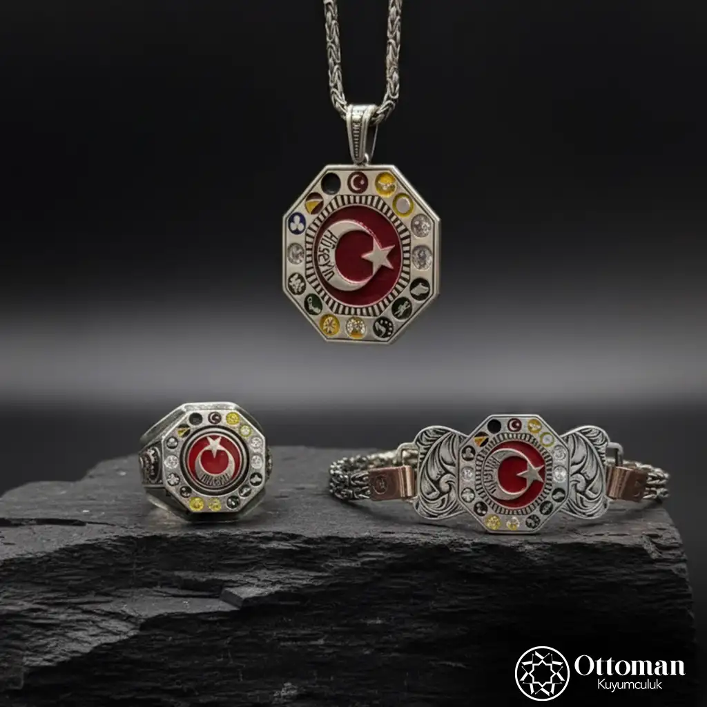 Personalized Triple Turkish State Silver Men's Jewelry Set