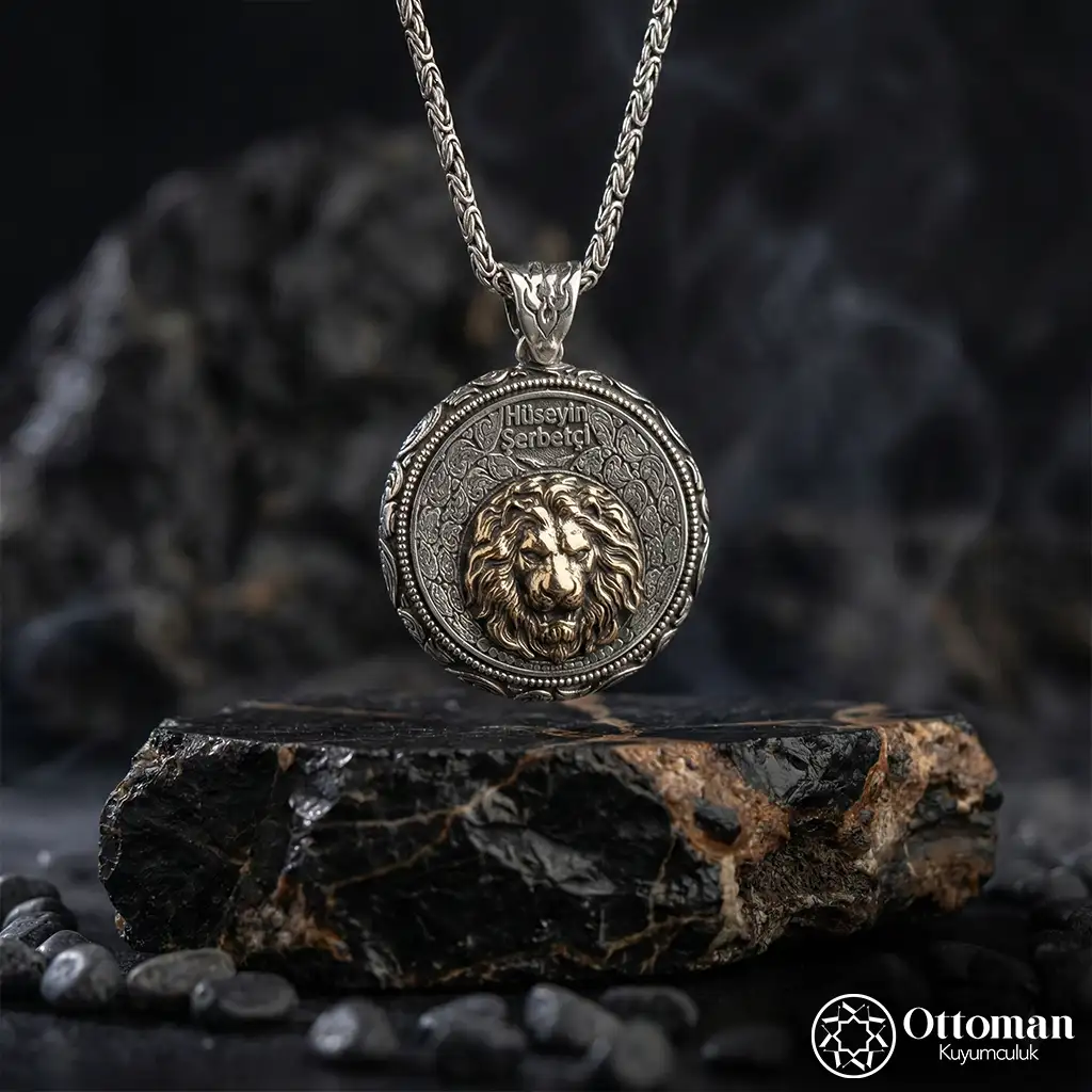 Personalized Lion Figured Silver Men's Medallion Necklace