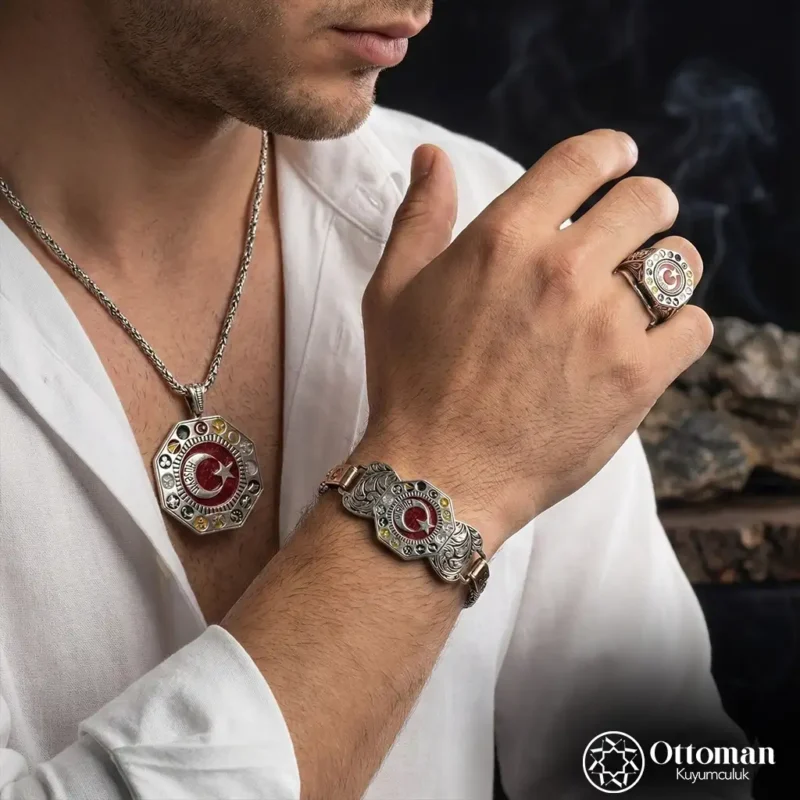Kişiye Özel İsimli Üçlü Türk Devleti Gümüş Erkek Takı Set