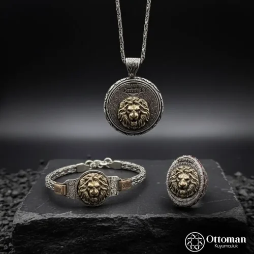 2 Kişiye Özel İsimli Üçlü Aslan Gümüş Erkek Takı Set