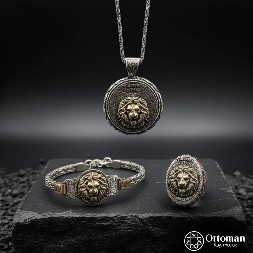 Personalized Triple Lion Silver Men's Jewelry Set
