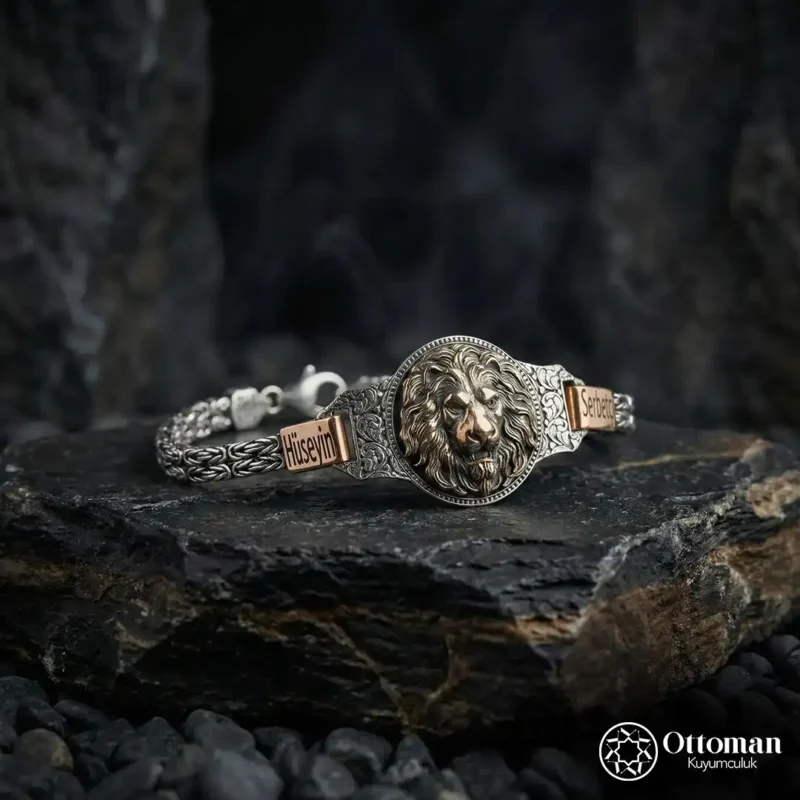 Kişiye Özel İsimli Üçlü Aslan Gümüş Erkek Takı Set