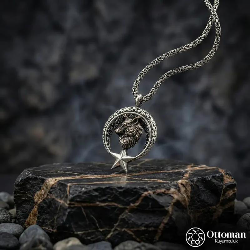 Ay Yıldız Kurt Figürlü Gümüş Madalyon Kolye