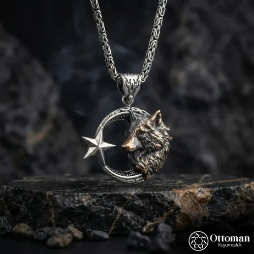 Ay Yıldız Kurt Figürlü Gümüş Madalyon Kolye