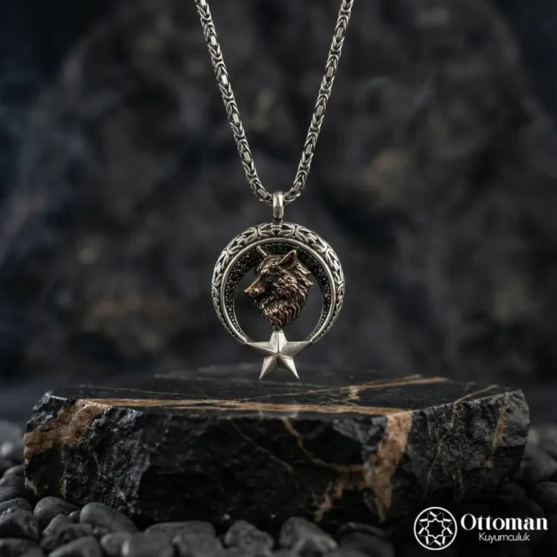 Ay Yıldız Kurt Figürlü Gümüş Madalyon Kolye