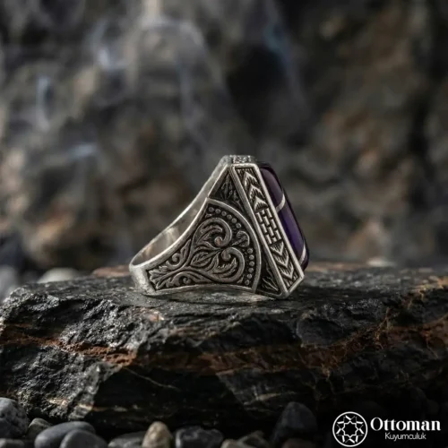 Kehribar Taşlı Yarma Gümüş Erkek Yüzük