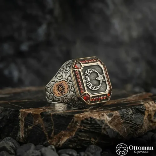 Kişiye Özel Ay Yıldız ve İsimli Gümüş Erkek Yüzük