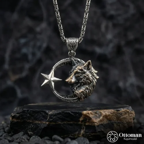 Ay Yıldız Kurt Figürlü Gümüş Madalyon Kolye