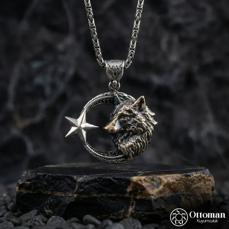 Ay Yıldız Kurt Figürlü Gümüş Madalyon Kolye