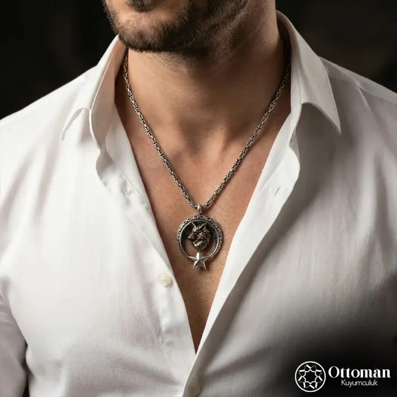 Ay Yıldız Kurt Figürlü Gümüş Madalyon Kolye