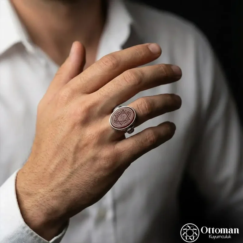 Süleyman Mührü Akik Taşlı Gümüş Erkek Yüzük