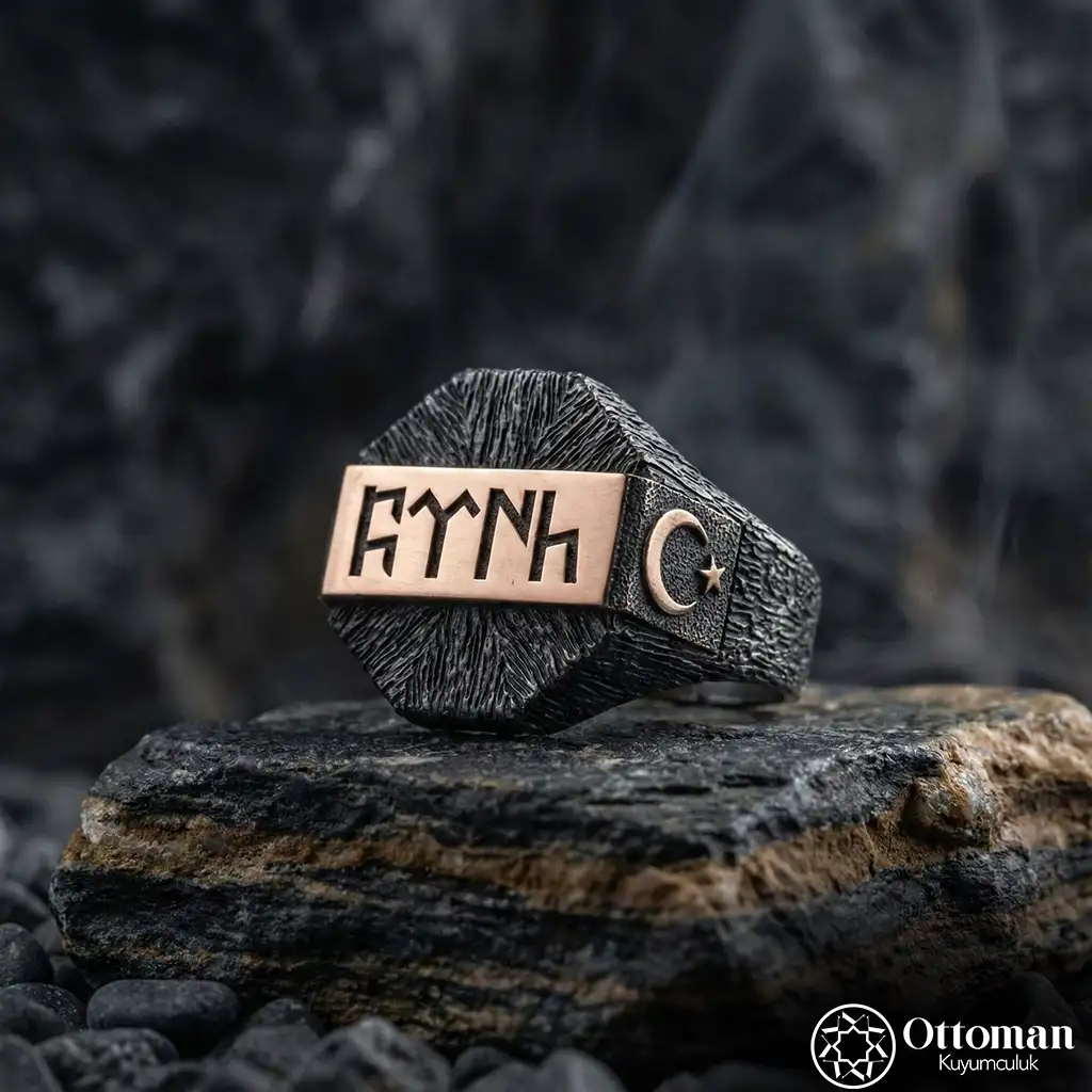 Göktürkçe Turkish Engraved Silver Men's Ring