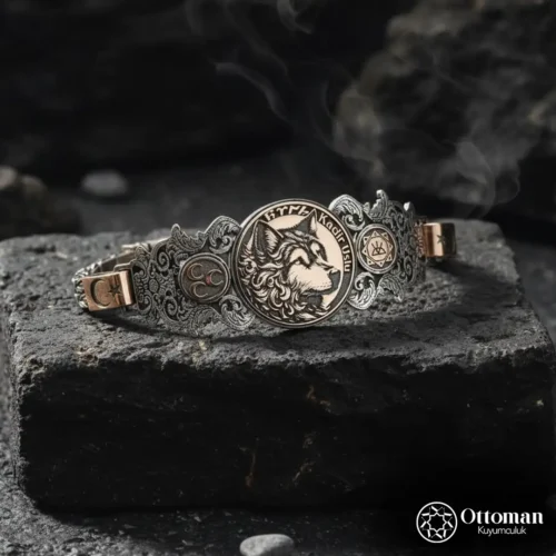 Kişiye Özel Kurt Figürlü Gümüş Erkek Bileklik