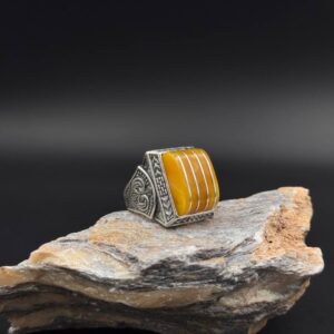 925 Ayar Damla kehribar Taşlı Yarma Gümüş yüzük