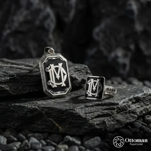 1 Harf Tasarımlı Gümüş Kolye Yüzük Set