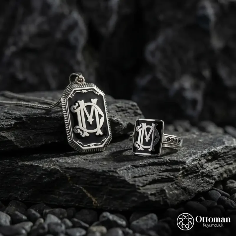 1 Harf Tasarımlı Gümüş Kolye Yüzük Set
