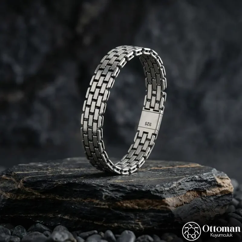Dokulu Gümüş Erkek Bileklik