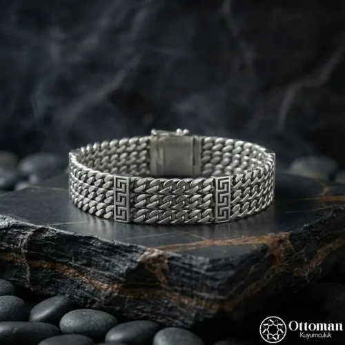 Geometrik Motifli Gümüş Erkek Bileklik