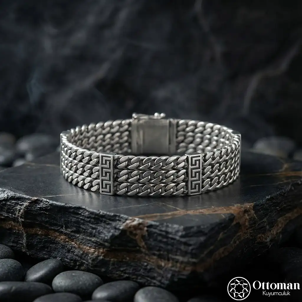 Geometric Motif Silver Men's Bracelet