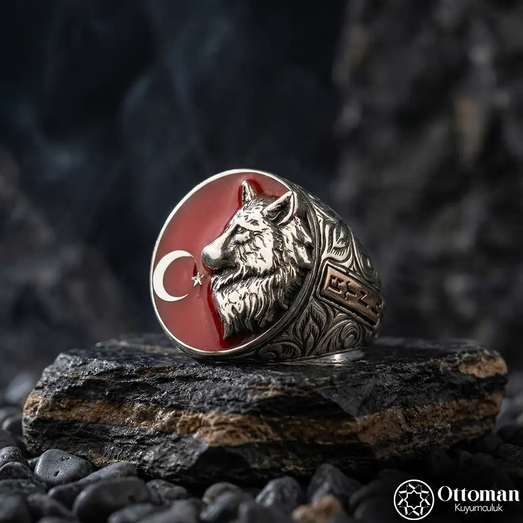 Star and Crescent Grey Wolf Silver Ring