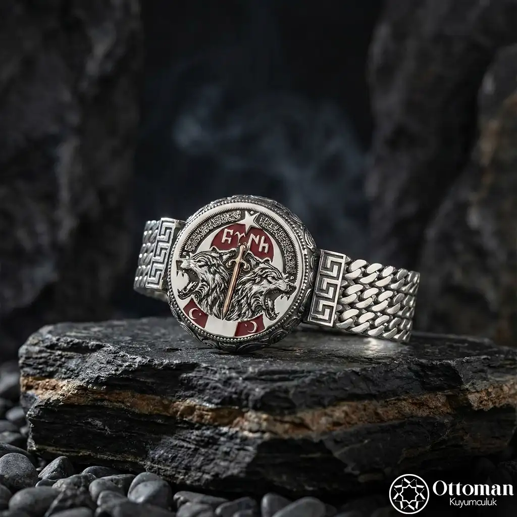 Göktürkçe Engraved Silver Men's Bracelet