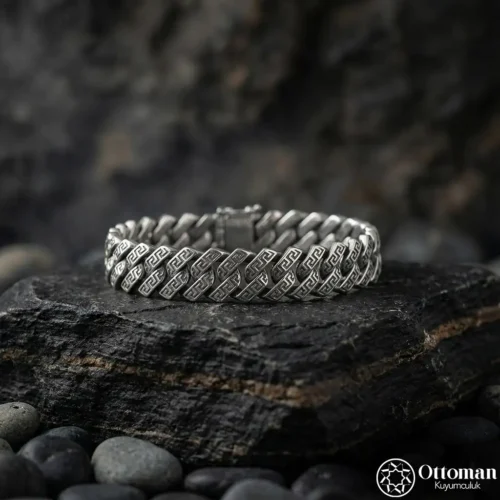 Motifli Zincir Gümüş Erkek Bileklik