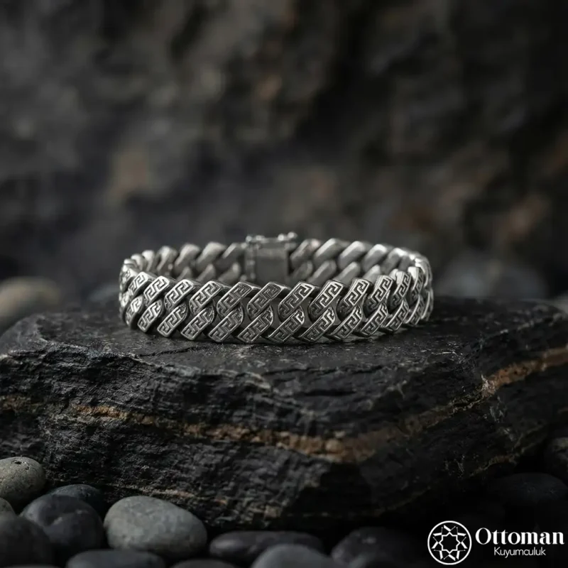 Motifli Zincir Gümüş Erkek Bileklik