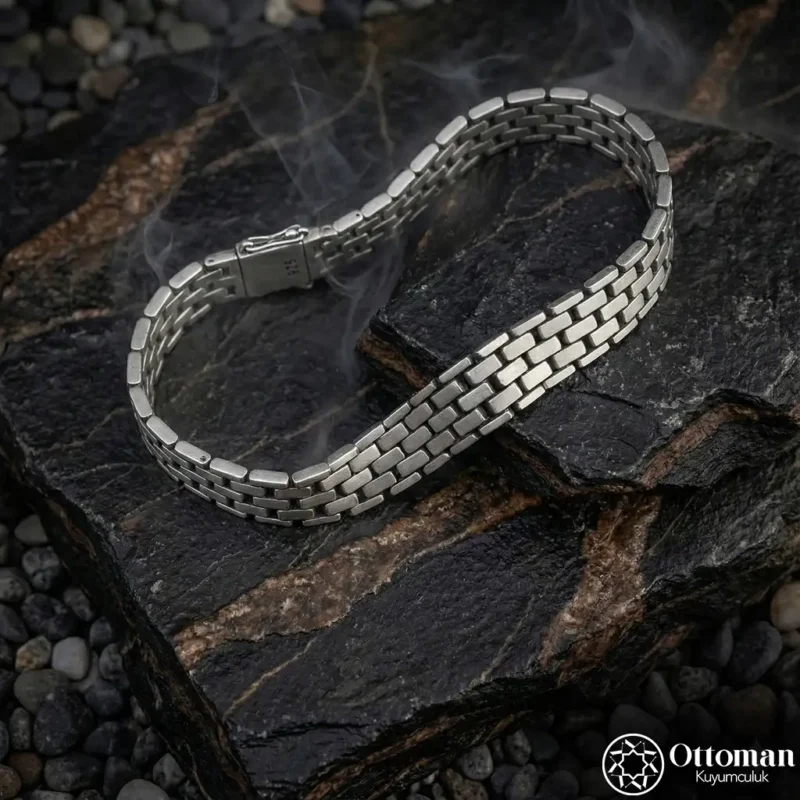 Blok Dokulu 925 Ayar Gümüş Erkek Bileklik