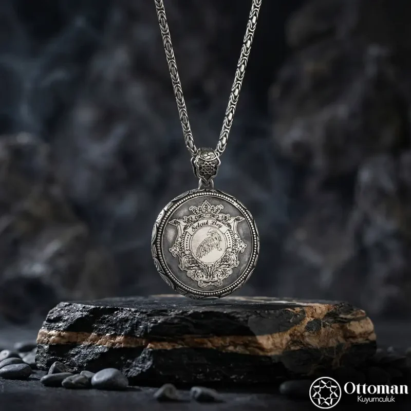 Kartal Figürlü Ay Yıldız Gümüş Erkek Madalyon Kolye