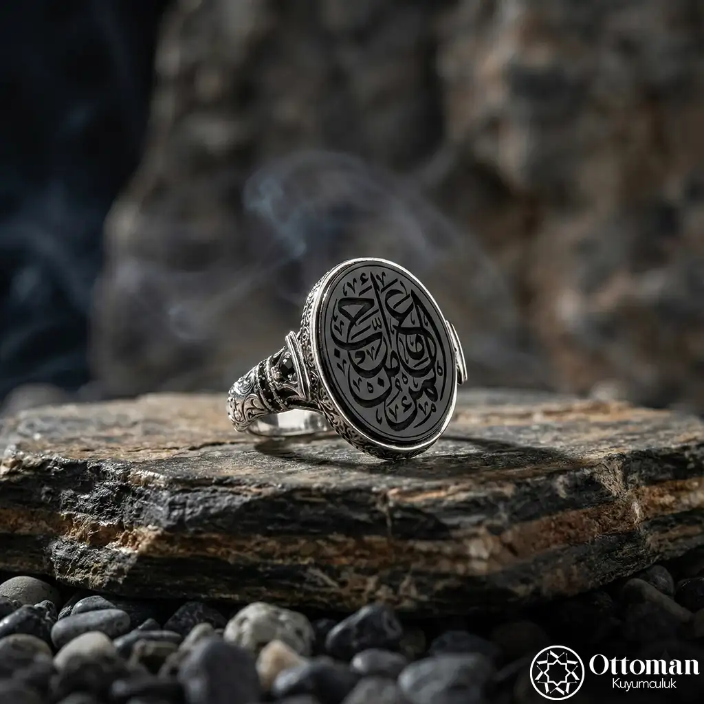 Calligraphy Engraved Silver Men's Ring