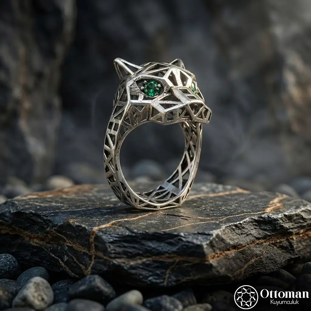 Green Eye Tiger Silver Ring