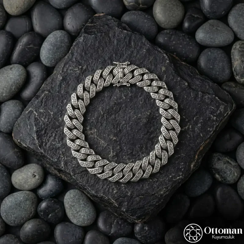 Motifli Zincir Gümüş Erkek Bileklik