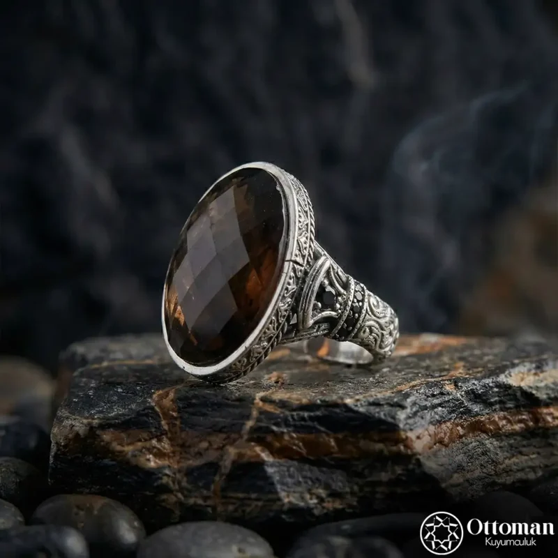 Faset Kesim Kahverengi Taşlı 925 Ayar Gümüş Erkek Yüzük