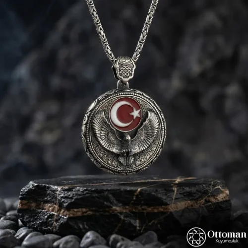 Kartal Figürlü Ay Yıldız Gümüş Erkek Madalyon Kolye