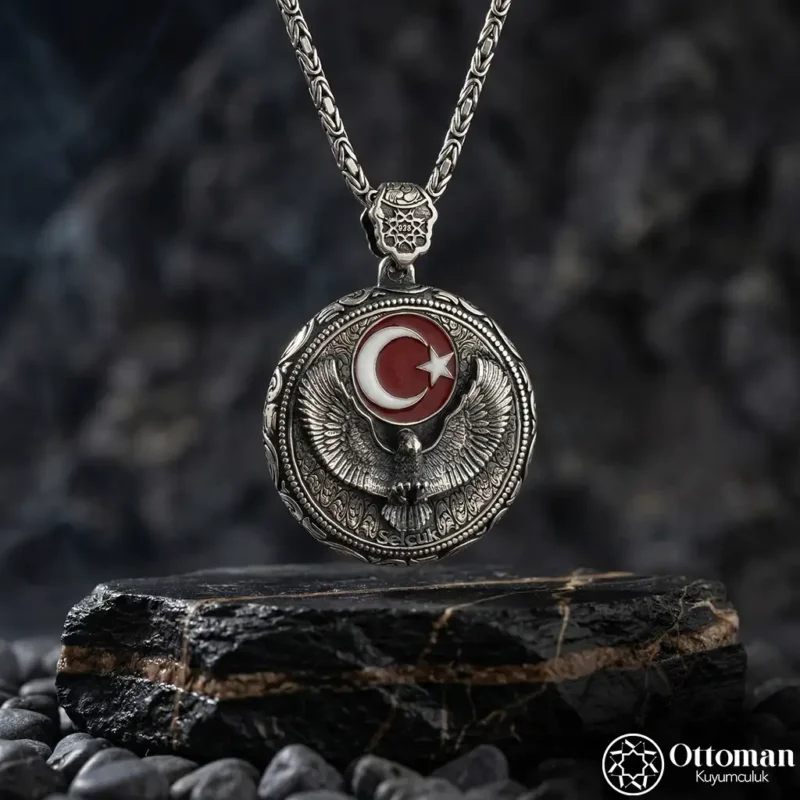 Kartal Figürlü Ay Yıldız Gümüş Erkek Madalyon Kolye
