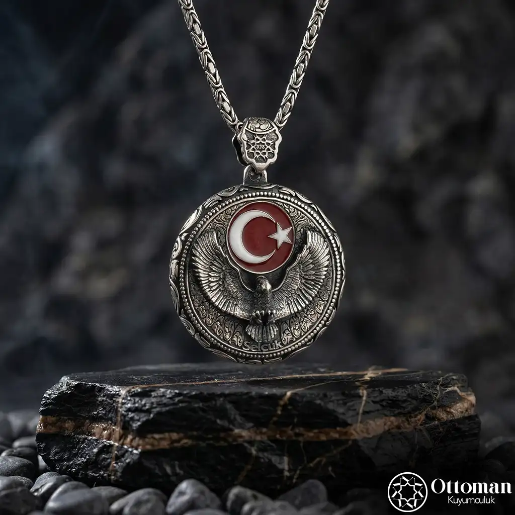Eagle Figured Star and Crescent Silver Men's Medallion Necklace