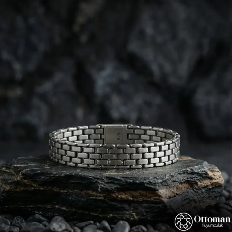Dokulu Gümüş Erkek Bileklik