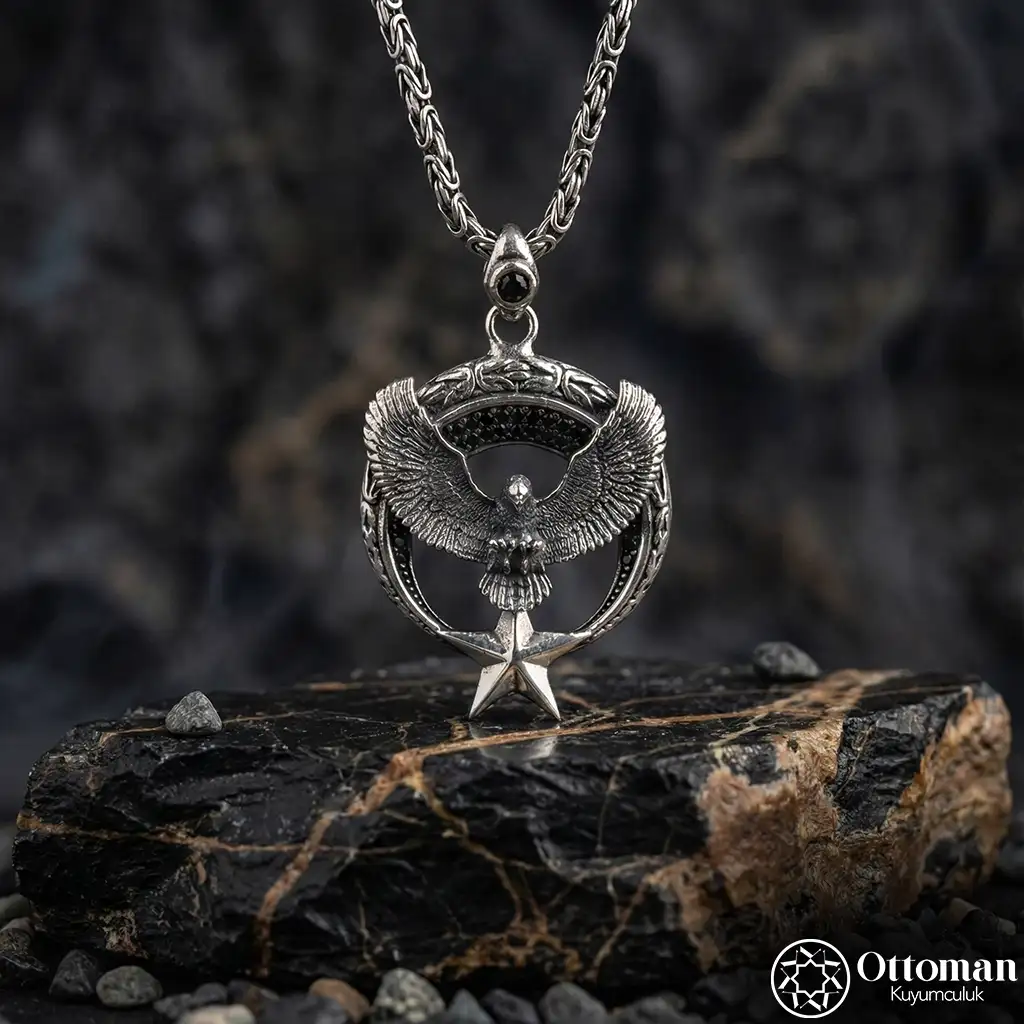 Star and Crescent Eagle Silver Necklace