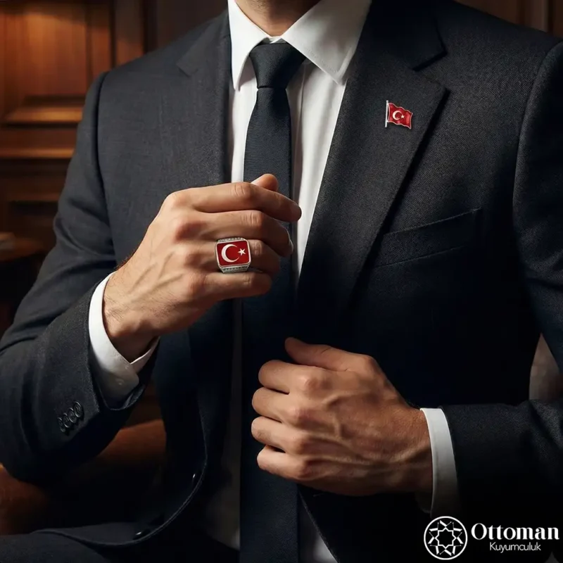 Ay Yıldız Gümüş Yüzük ve Rozet Set