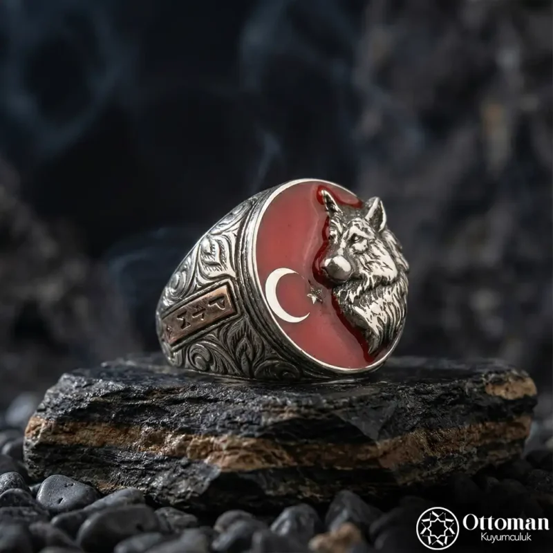 3 Ay Yıldızlı Bozkurt Gümüş Yüzük