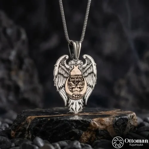 Kanatlı Kurt Figürlü 925 Ayar Gümüş Kişiye Özel Madalyon