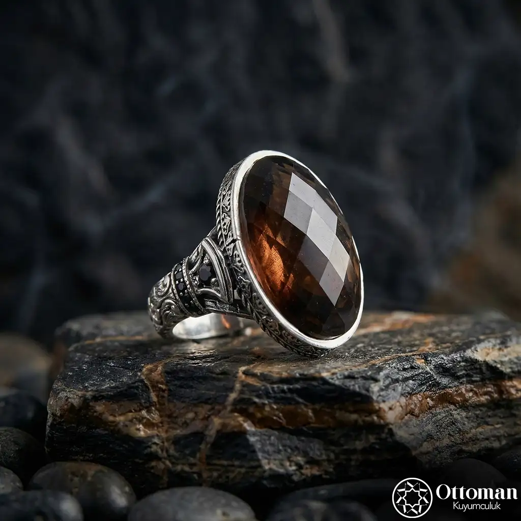 Faset Cut Kahverengi Stone-set 925 K Silver Men's Ring