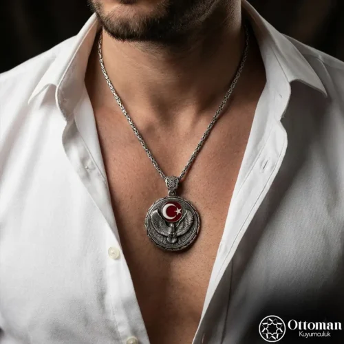 Kartal Figürlü Ay Yıldız Gümüş Erkek Madalyon Kolye
