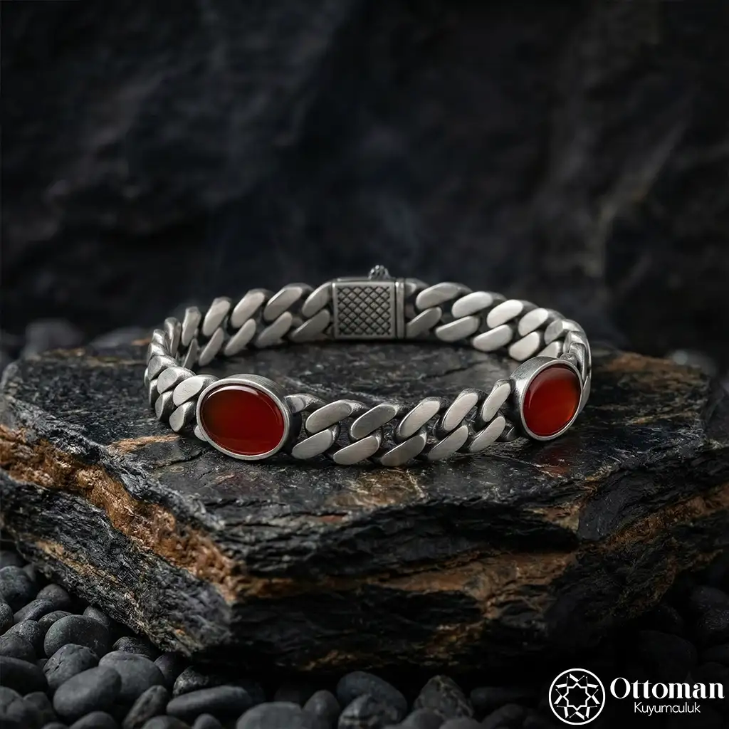Red Stone Detailed Silver Bracelet