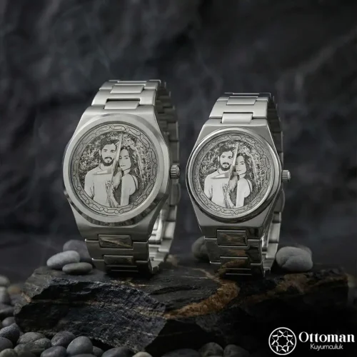 Fotoğraflı Gümüş Kadranlı Kol Saati Seti