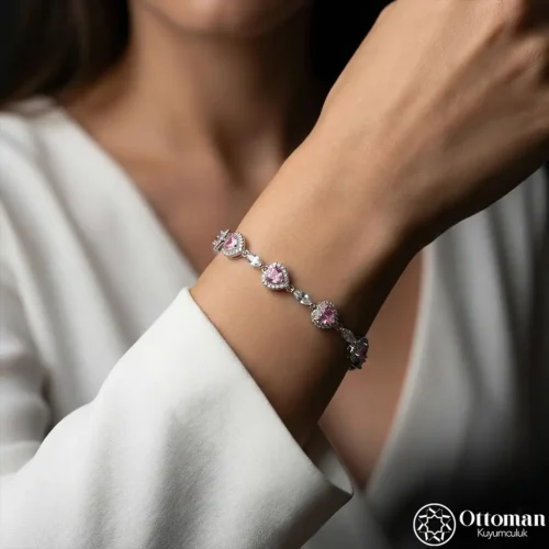 Pembe Taşlı Vintage Stil Gümüş Kadın Bileklik