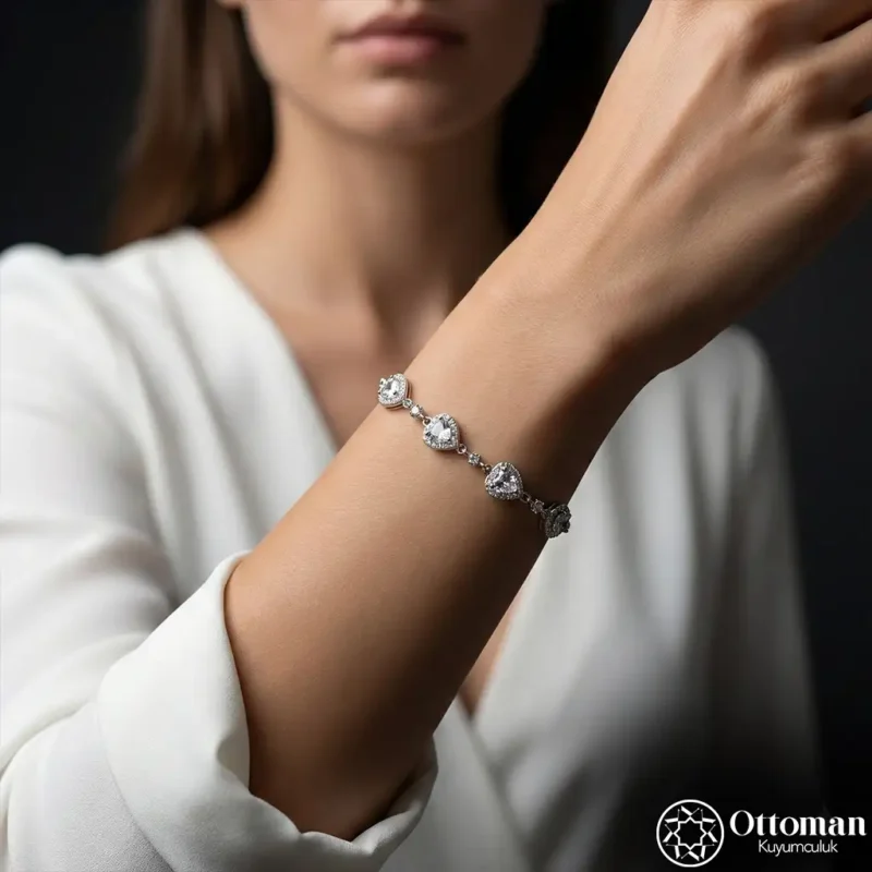 Beyaz Taşlı Damla ve Yuvarlak Motifli Gümüş Kadın Bileklik